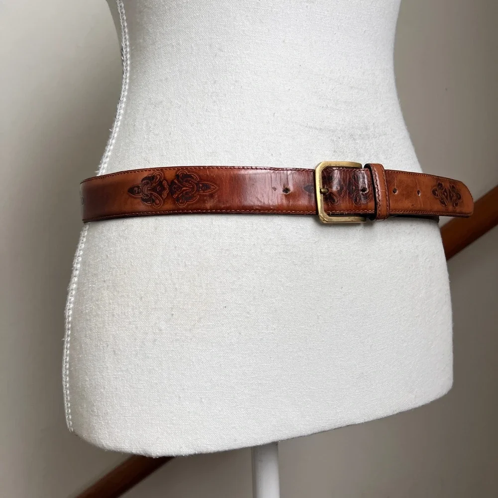 Vintage Ermenegildo Zegna Tooled Leather Belt Brown Womens Gold Buckle Cognac